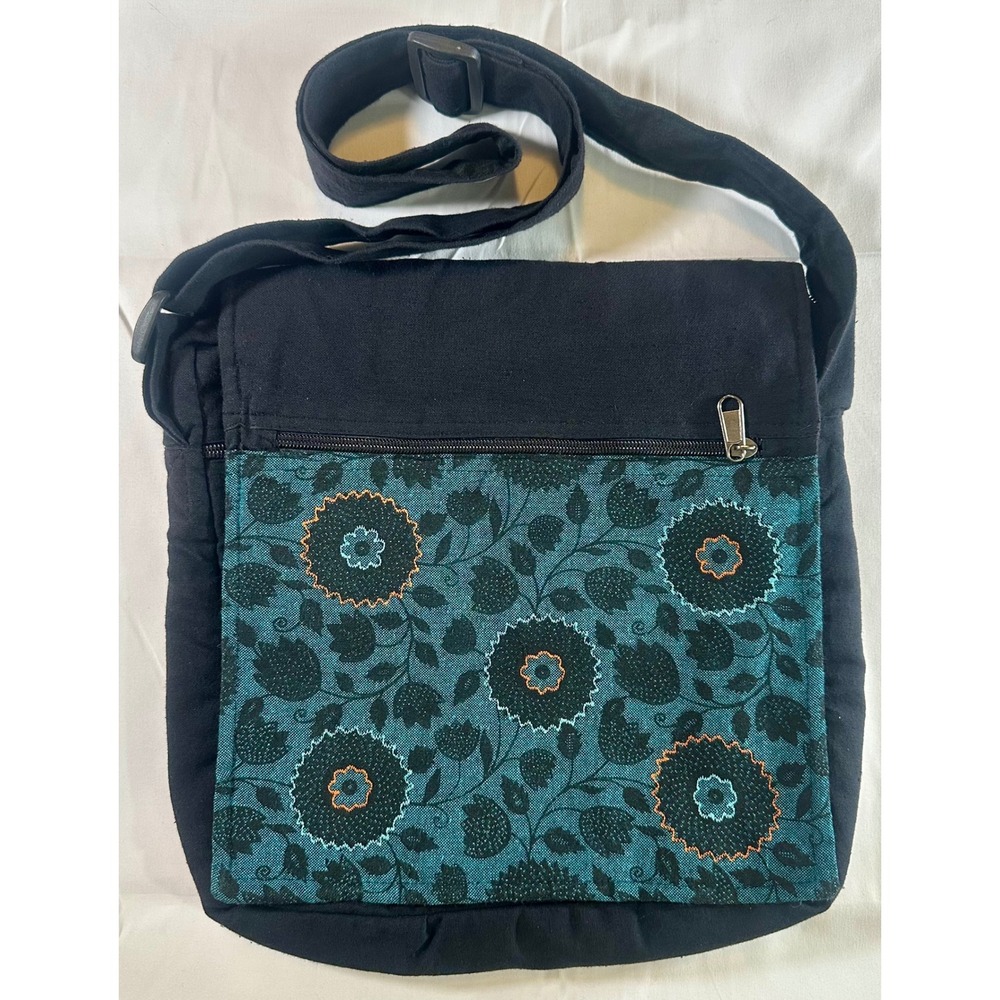 Made In Nepal Black Messenger Bag Mandala Print Sustainable Earthy Boho Chic Eco
